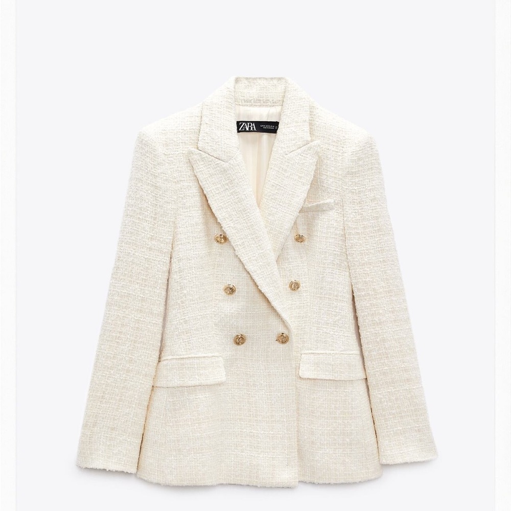 ZARA DOUBLE BREASTED TEXTURED WEAVE JACKET in Ecru - size XS